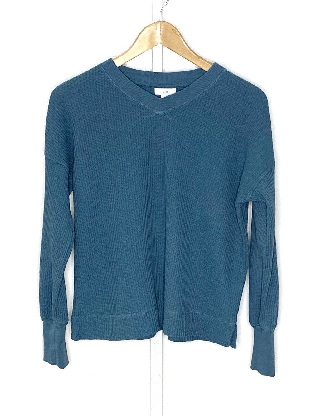 J. Jill | Blue Thermal Waffle-Knit V-Neck Relaxed Oversize Long-Sleeve Top Sz XS